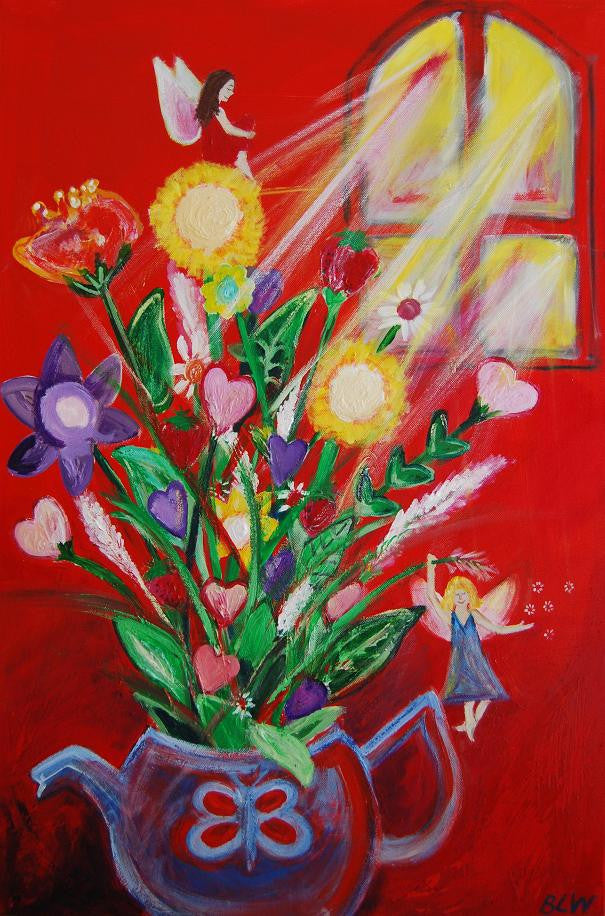 'Sunshine fairies': teapot, flowers, sunshine and red.