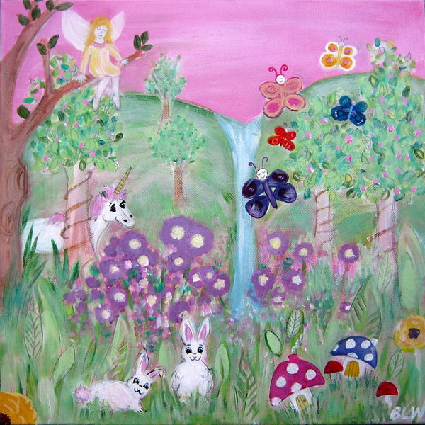 Medium Canvas 'Amy's Unicorn'- magical garden themed original painting for Amy. COMMISSIONED/ SOLD