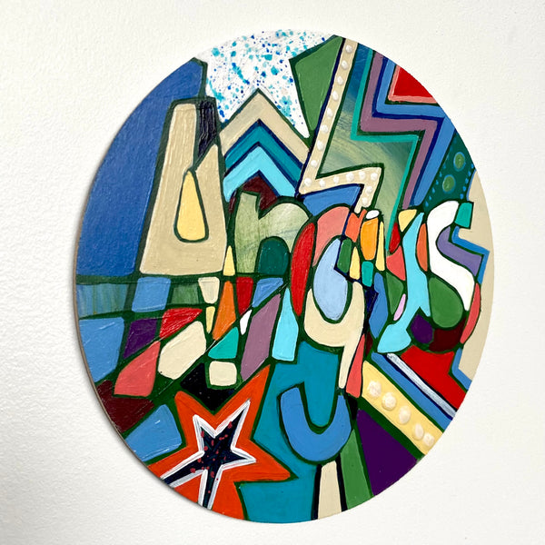 Wooden Circle 'Angus'- handpainted customised lettering in abstract dynamic design. COMMISSIONED / SOLD