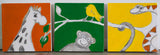 Small Canvas' 'Animal triptych' (orange, green, yellow) 3 x small canvas, animal theme in bright bold colours