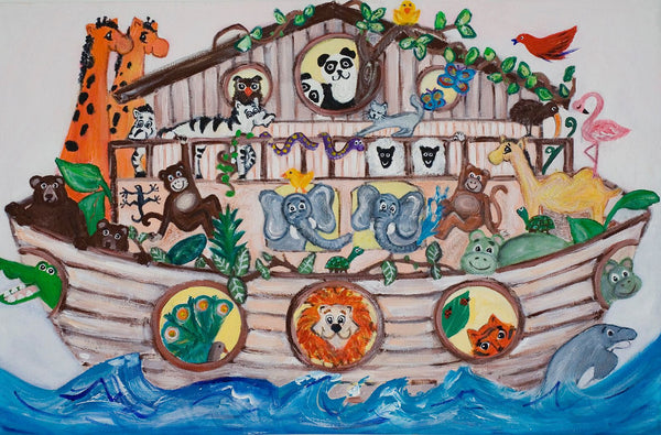 Large Canvas 'Ark 2 with flamingo'- Noah's Ark cute + colourful animal theme. SOLD