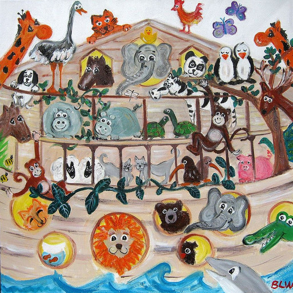 Large Canvas 'Ark 3 with ostrich'- cute + colourful Noah's Ark animal theme. SOLD