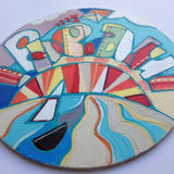 Wooden Circle 'Beau'- handpainted customised lettering + sailing sunrise theme 15cm. COMMISSIONED/SOLD