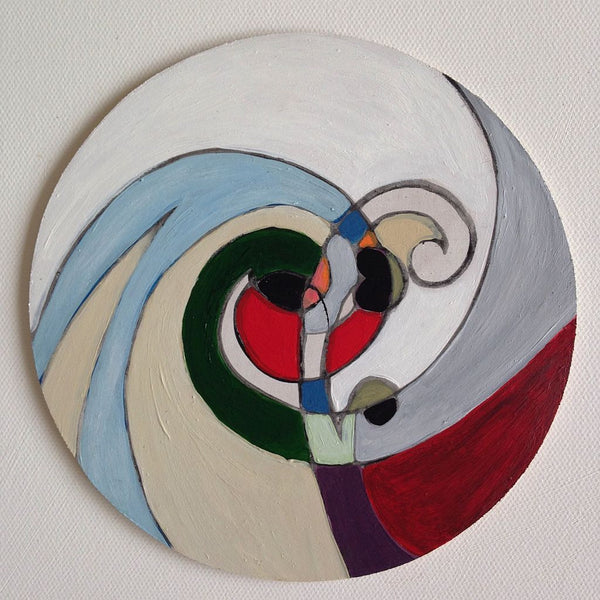 Wooden Circle 'Beginnings 3'- handpainted koru + swirl design 15cm SOLD