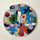 Wooden Circle 'Caleb'- handpainted customised lettering + star shapes 15cm. COMMISSIONED/ SOLD