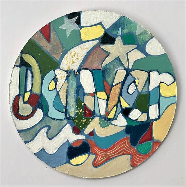Wooden Circle 'Denver'- handpainted customized lettering + beach themed 15cm COMMISSIONED /SOLD