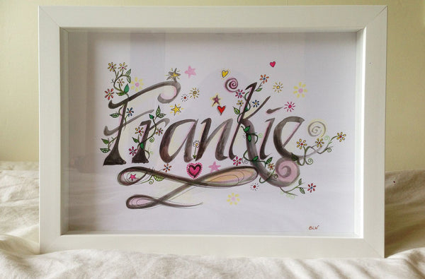 Name Art 'Frankie' - Customised ink + paint on paper presented in white frame COMMISSIONED/ SOLD