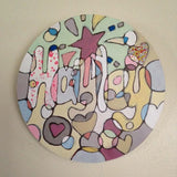 Wooden Circle 'Hayley's starburst'- handpainted customised lettering + shapes 15cm COMMISSIONED/SOLD