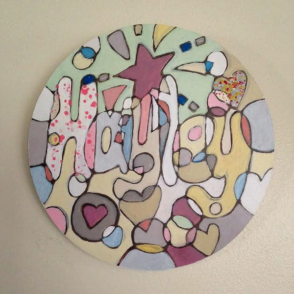 Wooden Circle 'Hayley's starburst'- handpainted customised lettering + shapes 15cm COMMISSIONED/SOLD