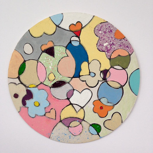 Wooden Circle 'Flower hearts'- handpainted overlapping flower + heart theme 15cm SOLD
