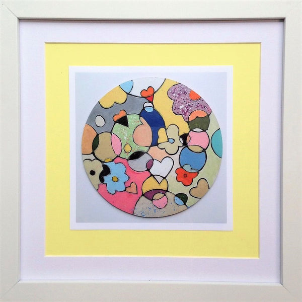 Framed Print 'Flower Hearts' - print of the original little wooden circle art piece