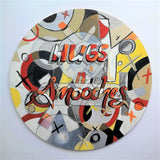 Wooden Circle 'Hugs n Smooches' handpainted lettering, abstract + layered design 30cm