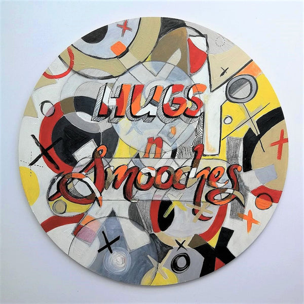 Wooden Circle 'Hugs n Smooches' handpainted lettering, abstract + layered design 30cm