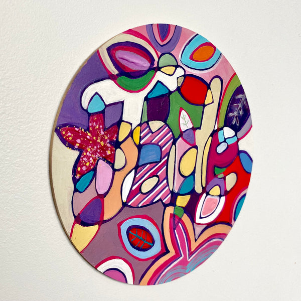 Wooden Circle 'Jade' handpainted customised lettering in fun flowery design 15cm- COMMISSIONED / SOLD
