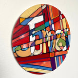 Wooden Circle 'James' handpainted, customised lettering in bold colours + overlapping line design 15cm- COMMISSIONED / SOLD