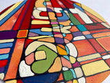 Wooden Circle 'James' handpainted, customised lettering in bold colours + overlapping line design 15cm- COMMISSIONED / SOLD