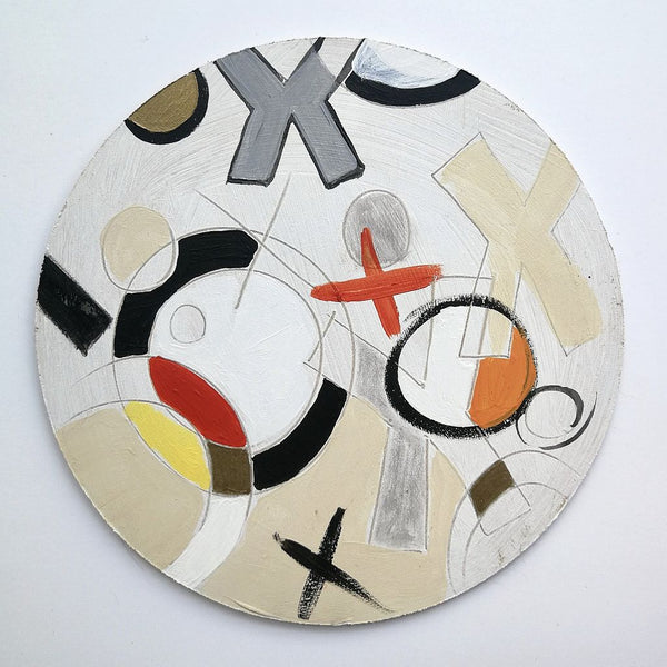 Wooden Circle 'Kisses n Hugs 1' - handpainted in neutral colours, fun X's and O's theme 15cm