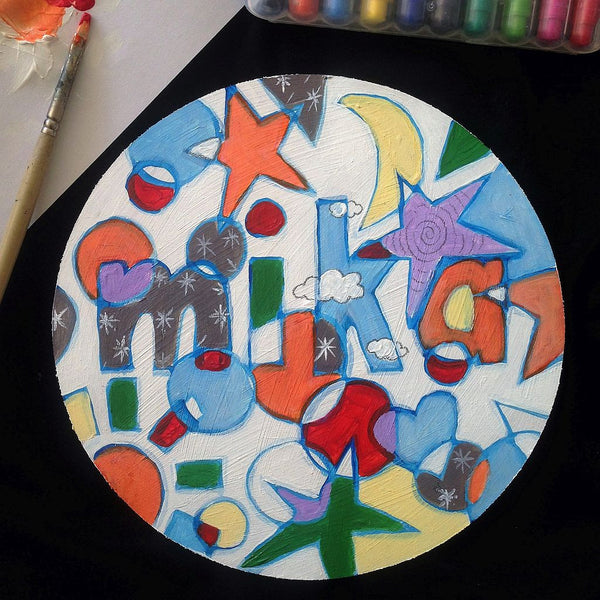 Wooden Circle 'Mika'- handpainted customised lettering + space shape theme 15cm  COMMISSIONED/SOLD