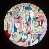 Wooden Circle 'Mila' - handpainted customised lettering +overlapping cute shapes 15cm COMMISSIONED/SOLD