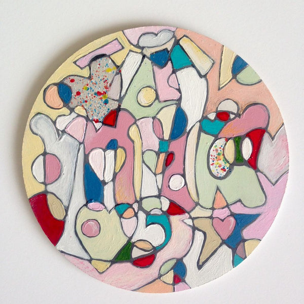 Wooden Circle 'Mila' - handpainted customised lettering +overlapping cute shapes 15cm COMMISSIONED/SOLD