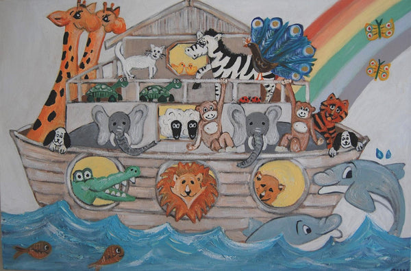 Large Canvas 'Noah's Ark' (1)- Ark animal themed painting, cute + colourful. COMMISSIONED /SOLD