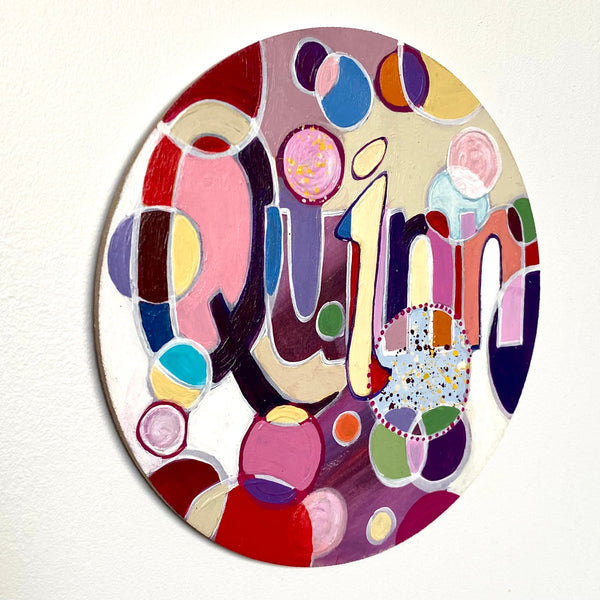 Wooden Circle 'Quinn' handpainted customized lettering in fun, bubbly design- COMMISSIONED / SOLD