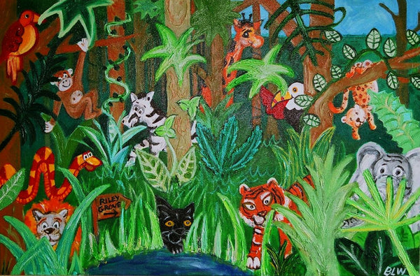 Large Canvas 'Riley's Grove'- customised jungle animal themed original painting for Riley. COMMISSIONED/ SOLD