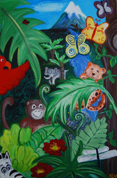 Large Canvas 'Safari Jungle' - Colourful jungle animla themed vista, original painting- SOLD