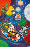 Large Canvas 'Safari Spacetrain' - Animals in space!.. quirky + colourful original painting- SOLD