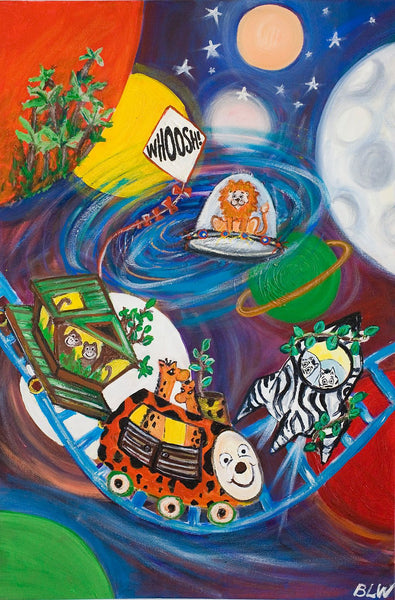 Large Canvas 'Safari Spacetrain' - Animals in space!.. quirky + colourful original painting- SOLD