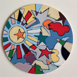 Wooden circle 'Sky burst'- handpainted, pop art, colourful sky & space inspired 15cm
