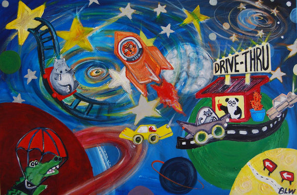 Large Canvas 'Space drive-thru' - quirky animal space themed painting