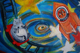 Large Canvas 'Space drive-thru' - quirky animal space themed painting