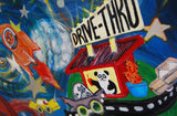 Large Canvas 'Space drive-thru' - quirky animal space themed painting