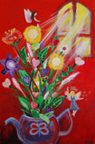 Large Canvas 'Sunshine Fairies' - Flower and fairy themed with bright red background. SOLD