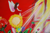 Large Canvas 'Sunshine Fairies' - Flower and fairy themed with bright red background. SOLD