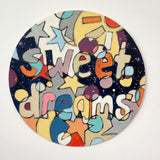Wooden Circle 'Sweet dreams'- handpainted lettering + colourful night time sky, 15cm