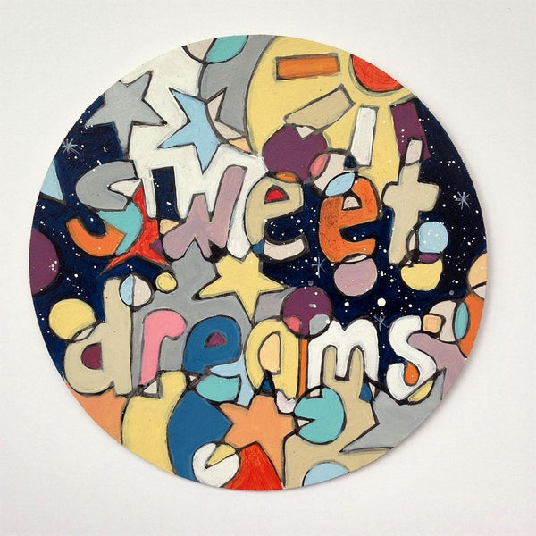 Wooden Circle 'Sweet dreams'- handpainted lettering + colourful night time sky, 15cm
