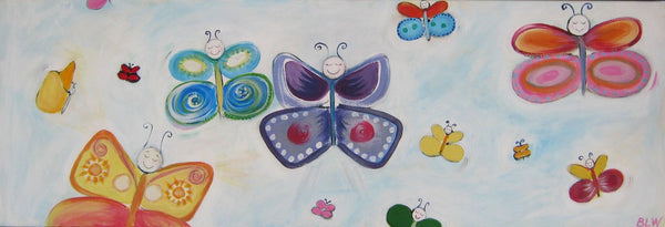 Long Canvas 'Taylor's Butterflies'- customised with colourful butterflies + white background. COMMISSIONED/ SOLD