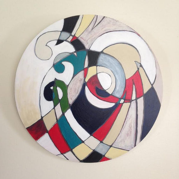 Wooden Circle 'circle, point, turn' - handpainted koru, spiral & fern inspired original painting 30cm