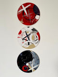 Wooden Circles 'X's and O's to the moon + back'- set of 3 x handpainted in red, white + black 15cm- SOLD
