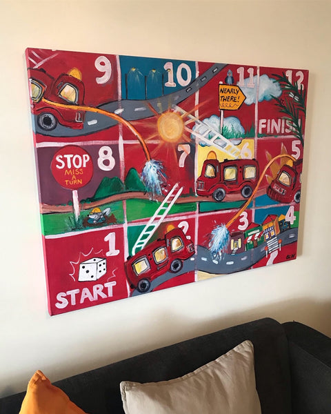 Large Canvas 'Hoses and Ladders'- big, bright, fun fusion of the classic boardgame with fire engines